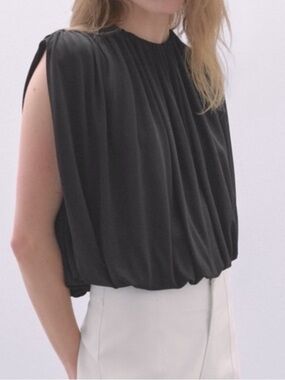 NWT: ZARA Black draped cropped blouse with shoulder pads in Sz: Large
